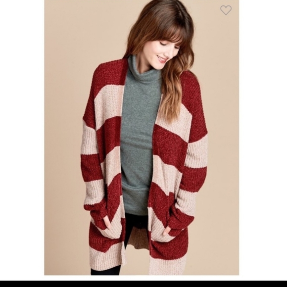 ODDY Taupe/Burgundy Stripe Cardigan Sweater - Picture 6 of 11